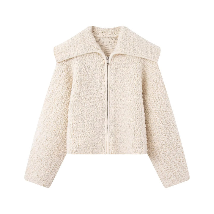 Damen Teddy-Fleece Kurzjacke mit weitem Umlegekragen und durchgehendem Reißverschluss Drune