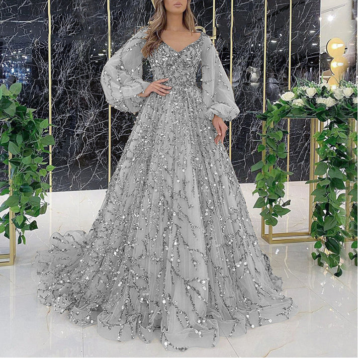 Damen Glamouröses Abendkleid mit funkelnden Pailletten und transparenten Ärmeln Drune