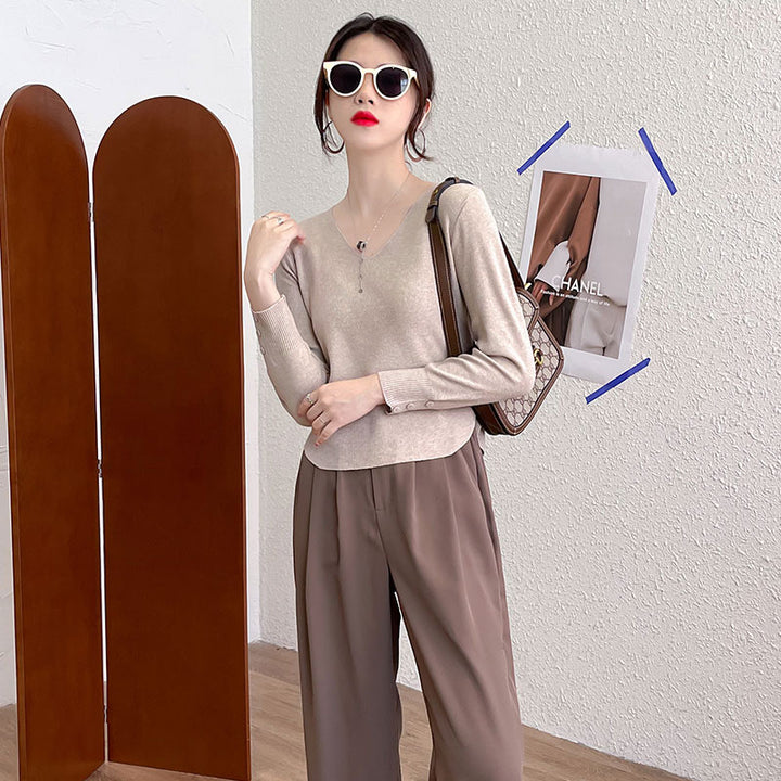 Damen elegantes Strickoberteil mit V-Ausschnitt und Rippstruktur Drune