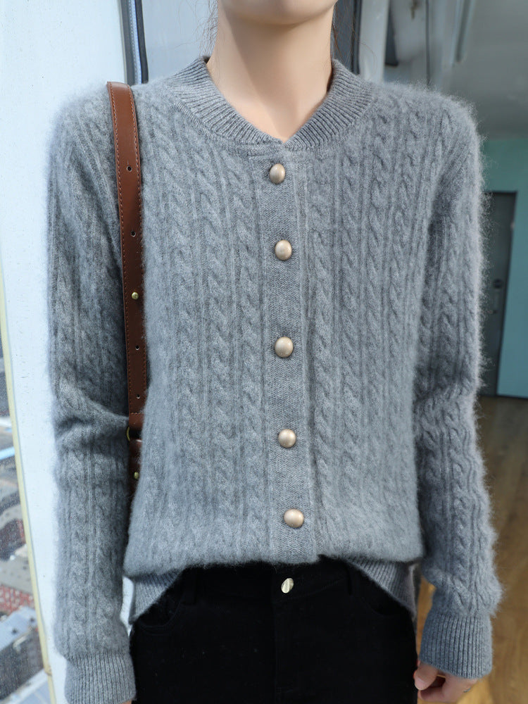 Damen Leichter Zopfstrick-Cardigan in Mohair‑Optik mit dekorativen Perlmuttknöpfen Drune