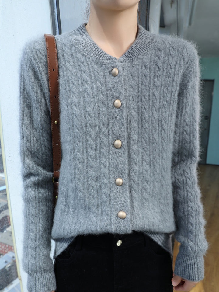 Damen Leichter Zopfstrick-Cardigan in Mohair‑Optik mit dekorativen Perlmuttknöpfen Drune