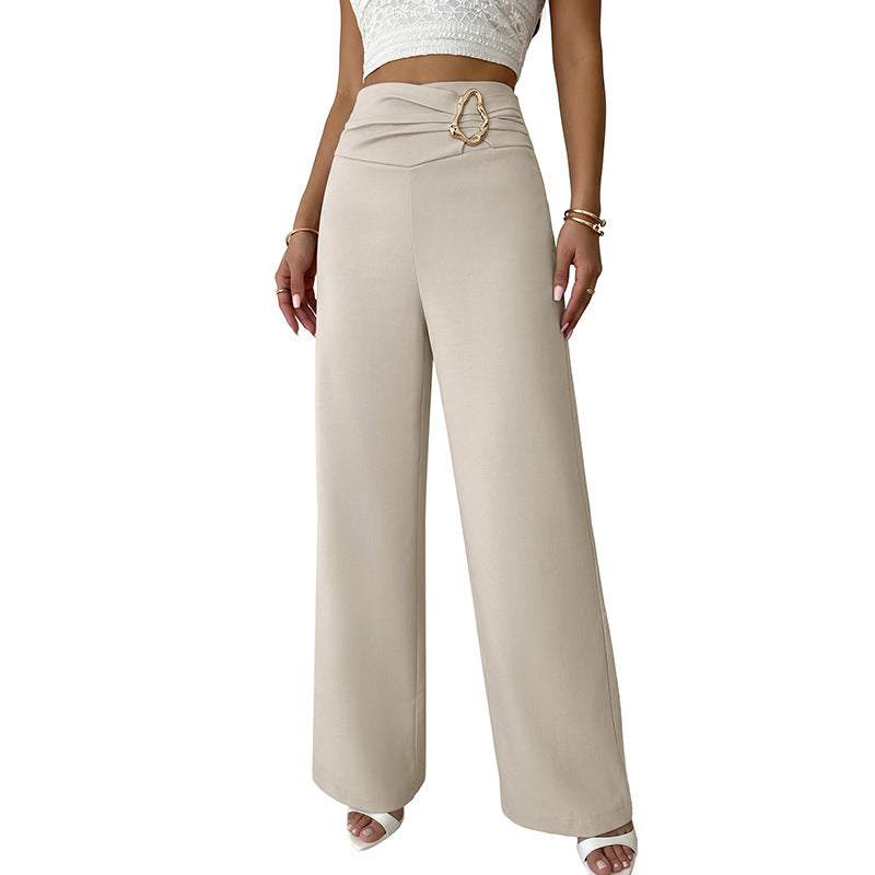 Damen Weitgeschnittene Hose mit Hohem Bund und Dekorativem Gürtel Drune