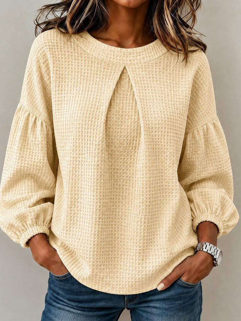 Damen Waffelstrick-Longsleeve mit Balloonärmeln und Vordernaht-Schlitz Drune