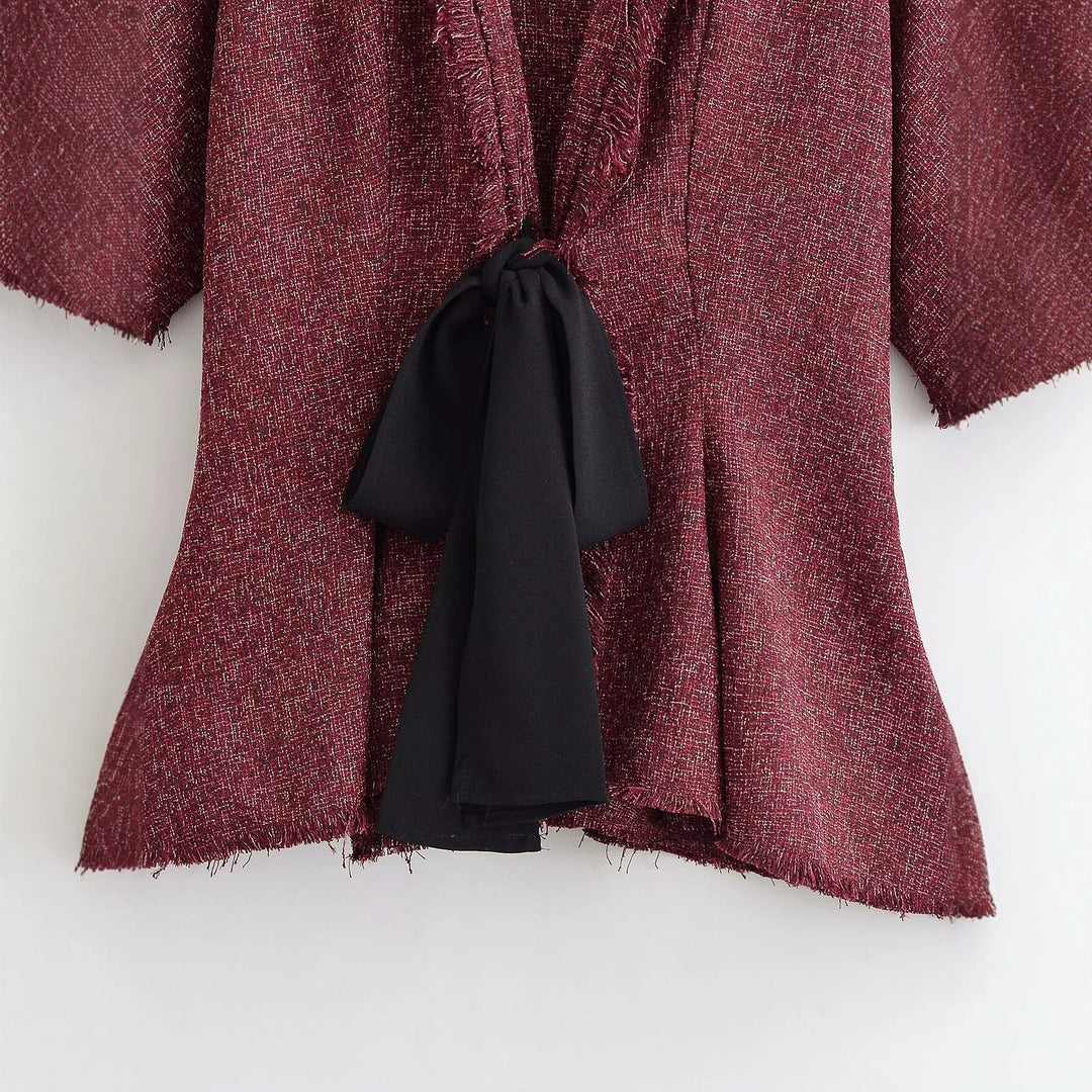 Damen Tweed-Kimonojacke mit Fransenbesatz und dekorativem Bindeschal Drune
