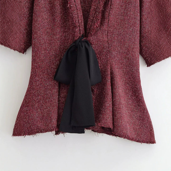 Damen Tweed-Kimonojacke mit Fransenbesatz und dekorativem Bindeschal Drune