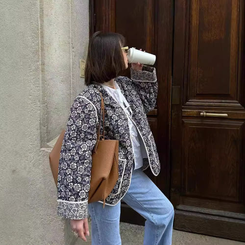 Damen elegante Floral-Jacke im Oversized-Schnitt mit strukturierten Details Drune