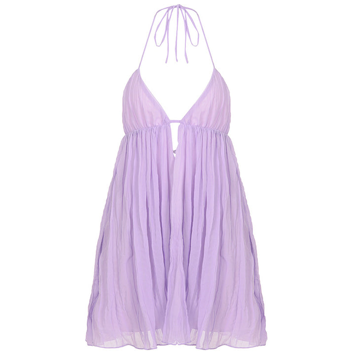 Damen Plissiertes Strandkleid mit verstellbarem Halterdesign und elegantem V-Ausschnitt Drune