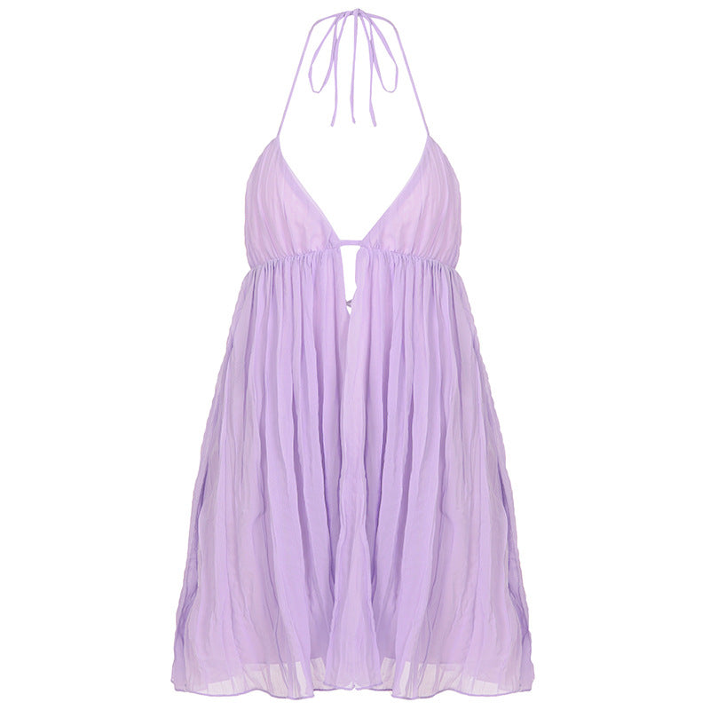 Damen Plissiertes Maxikleid mit elegantem V-Ausschnitt und Spaghettiträgern Drune