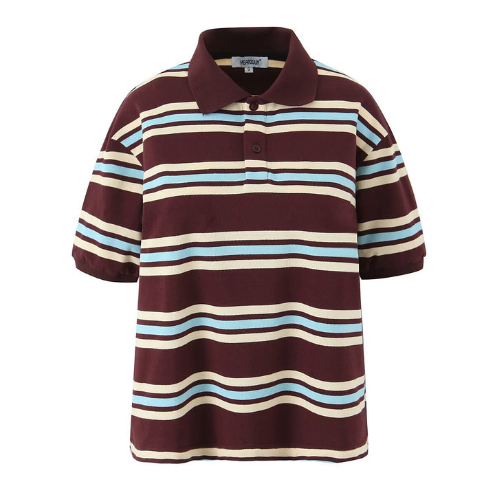 Damen Lässiges Langarm-Poloshirt mit Streifenmuster und Rippbündchen Drune