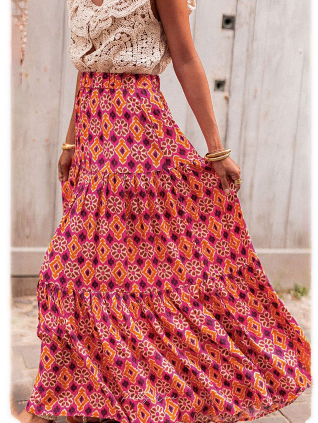 Damen Maxirock mit schwingendem Saum und buntem Ethno-Print Drune
