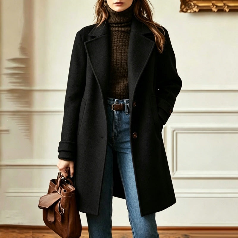 Damen Eleganter Wollmantel mit tailliertem Schnitt und Reverskragen Drune