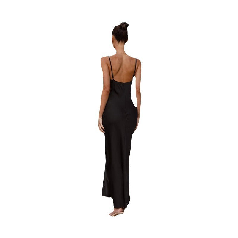 Damen Elegantes, fließendes Maxikleid aus hochwertigem Satin mit Spaghettiträgern Drune