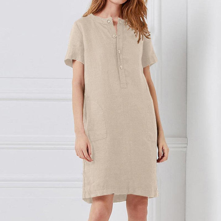 Damen lässiges Leinenkleid mit Knopfleiste und praktischen Taschen Drune