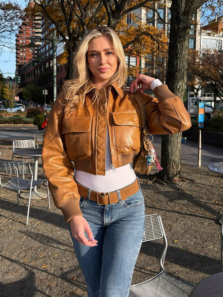 Damen Kurze Lederoptik-Blousonjacke mit großen Pattentaschen und geripptem Bund Drune