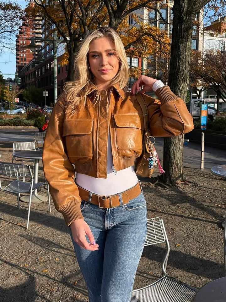 Damen Kurze Lederoptik-Blousonjacke mit großen Pattentaschen und geripptem Bund Drune