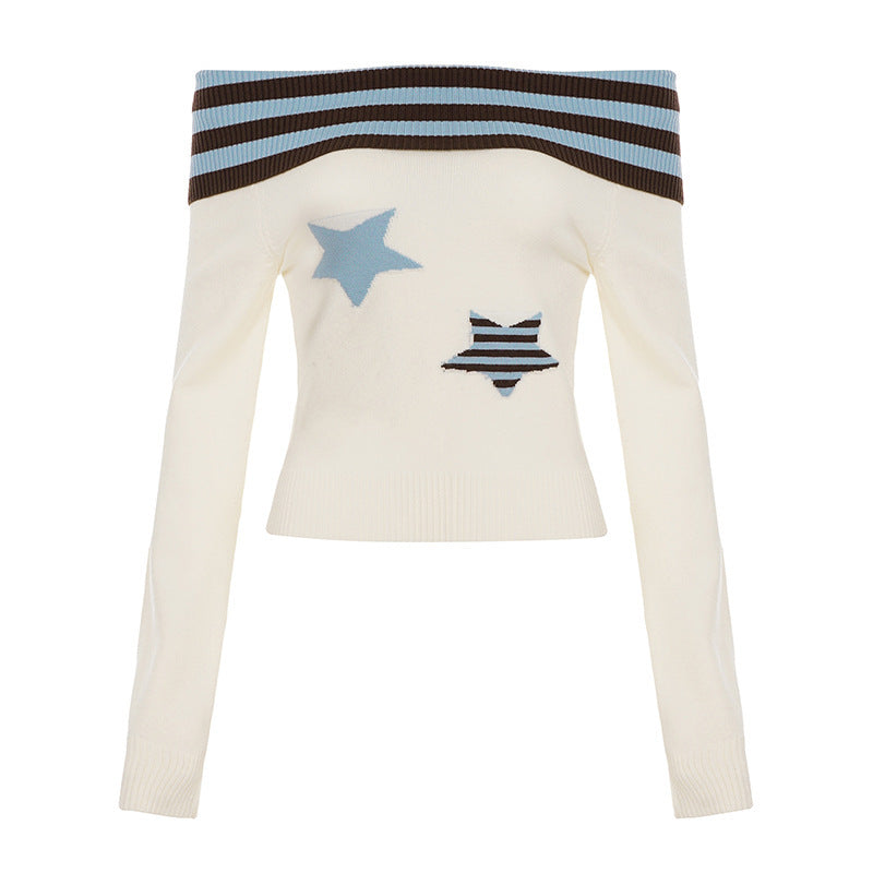 Damen Schulterfreier Feinstrick-Pullover mit Umschlagkragen und Stern-Applikation Drune