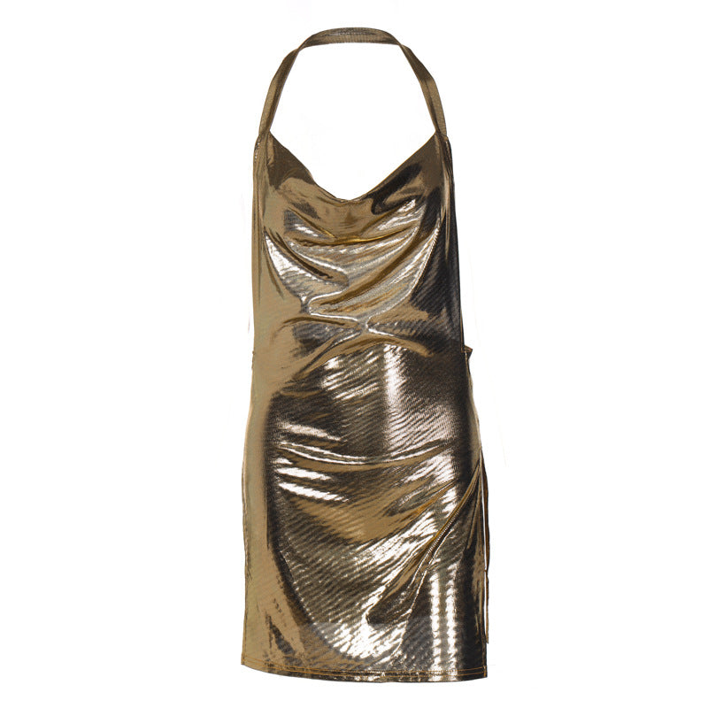 Damen glänzendes Minikleid im lässigen Chic-Stil mit Halternack Drune