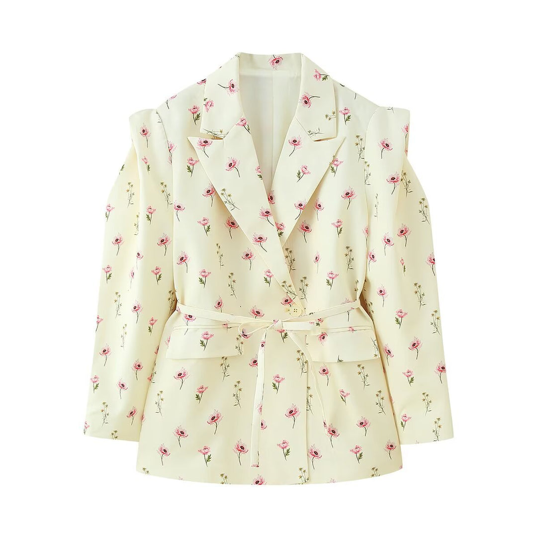 Damen Schulterfreier Blazer mit Taillengürtel und Pattentaschen Drune