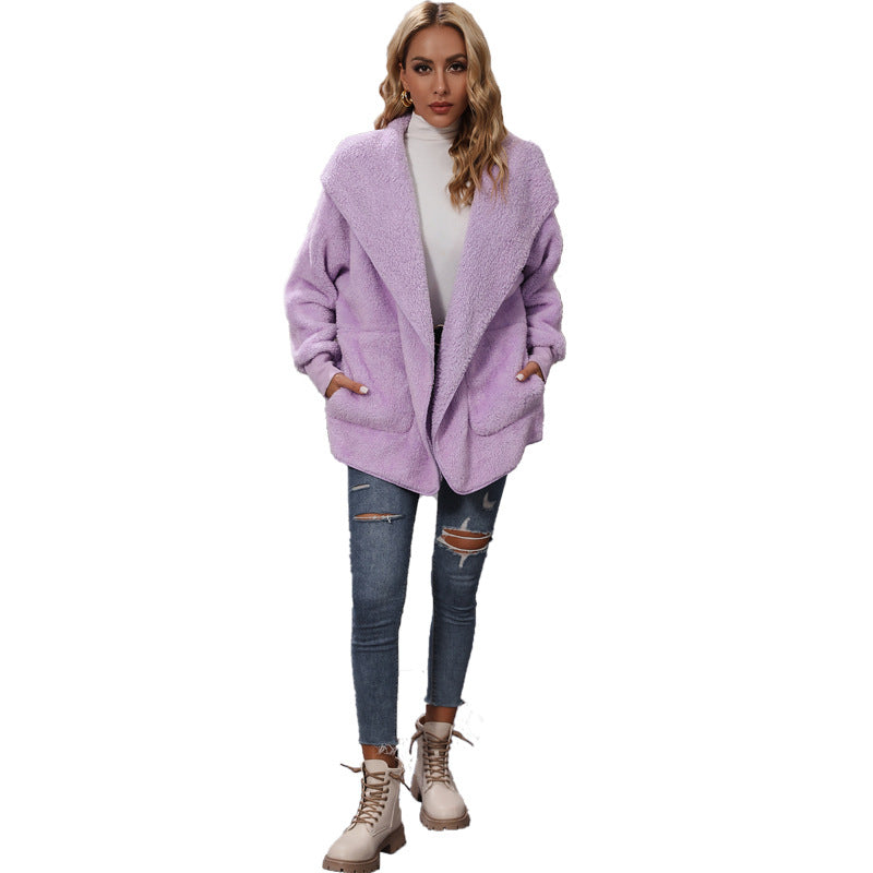 Damen Kuschelige Plüschjacke mit offenem Kragen Drune