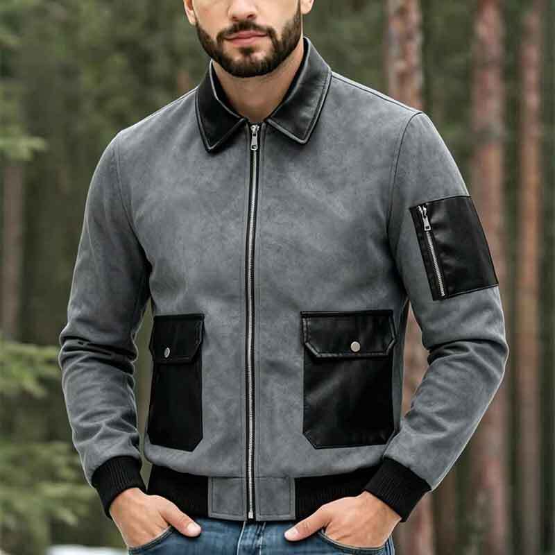 Herren Modische Lederjacke mit hohem Kragen und praktischen Taschen Drune