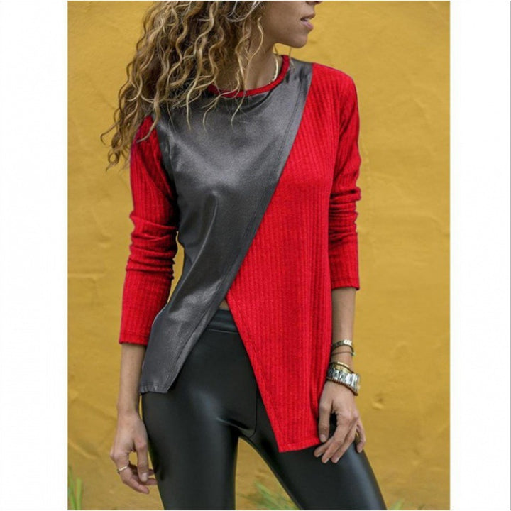 Damen Asymmetrisches Longsleeve mit Lederoptik‑Overlay und Rippstrick Drune