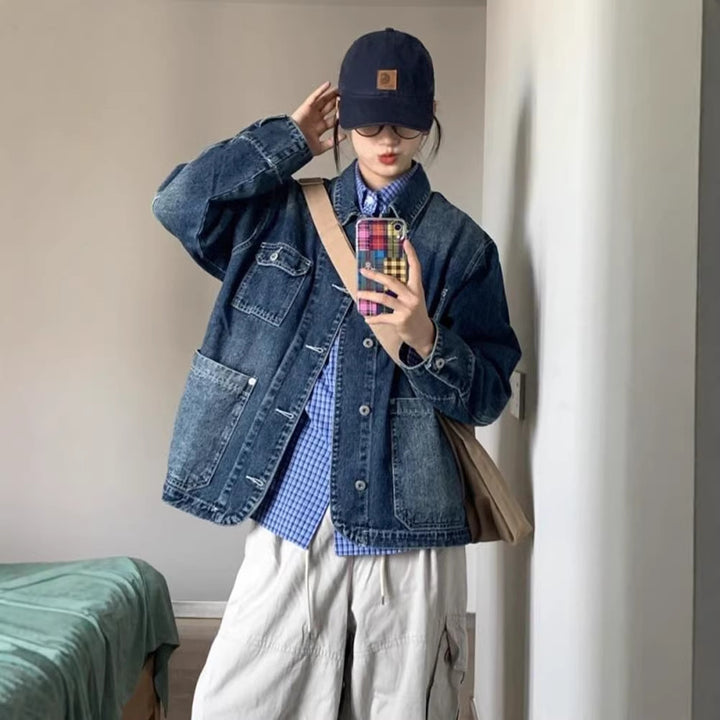 Damen Modische Denim-Jacke mit großen Taschen Drune