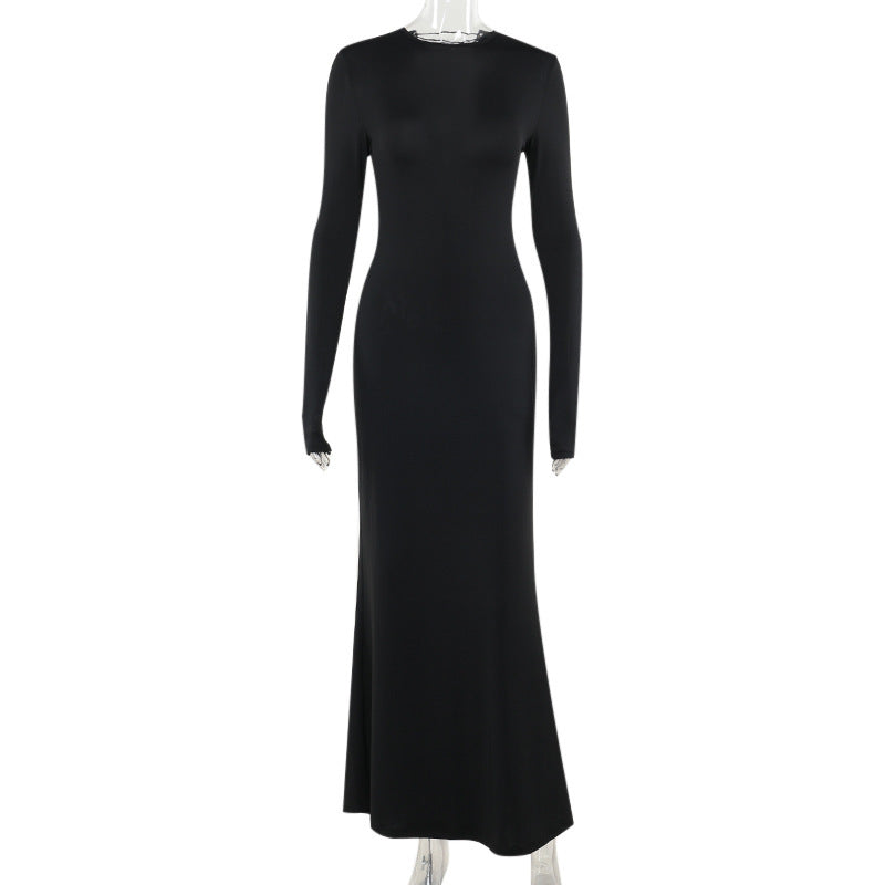 Damen Figurbetontes Maxikleid aus Stretch-Jersey mit langen Ärmeln und rundem Ausschnitt Drune