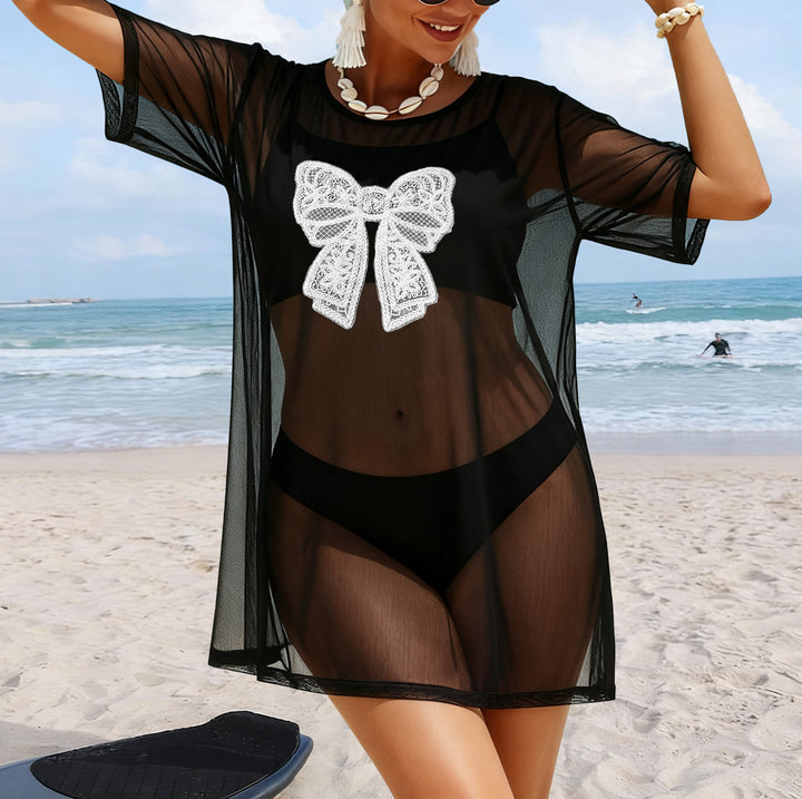Damen transparenter Strandüberwurf mit filigranem Spitzenmuster Drune