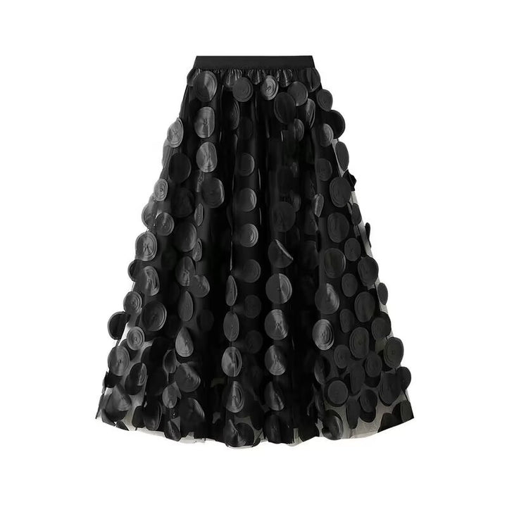 Damen nan ausgestellter Midirock mit transparenten 3D-Aufnähern und elastischem Bund Drune