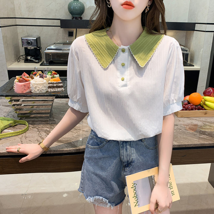 Damen Kurzarm Bluse mit elegantem Kragen und dekorativen Knopfdétails Drune