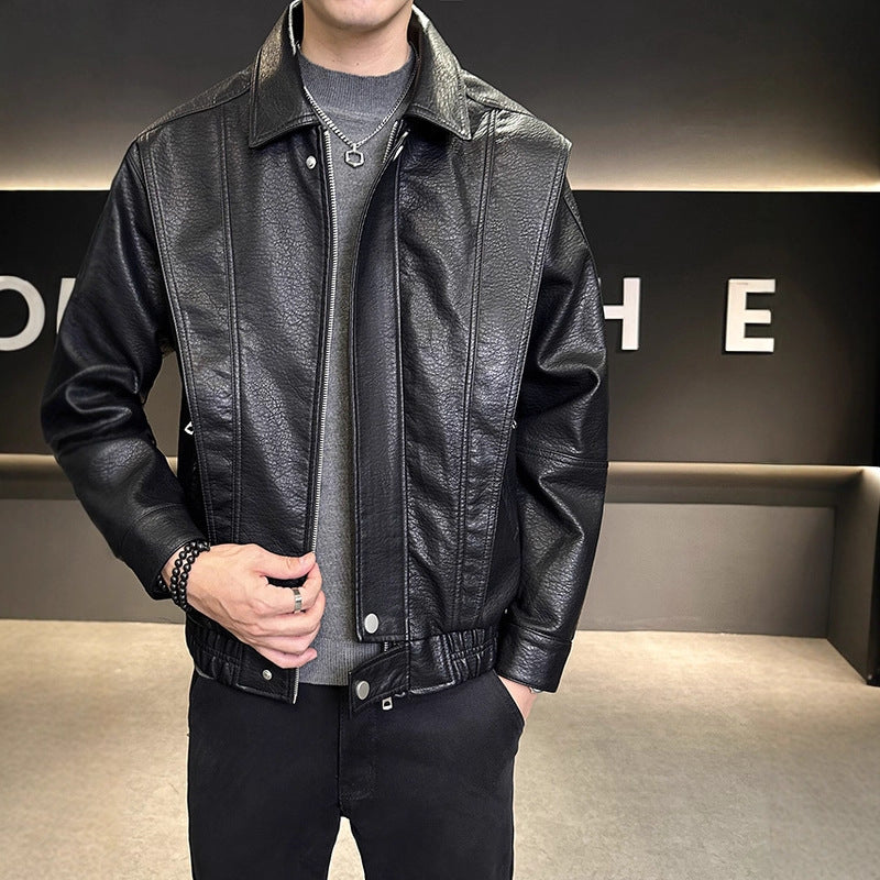 Herren Modische Kunstlederjacke mit hohem Kragen Drune