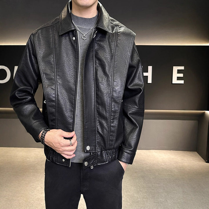 Herren Modische Kunstlederjacke mit hohem Kragen Drune