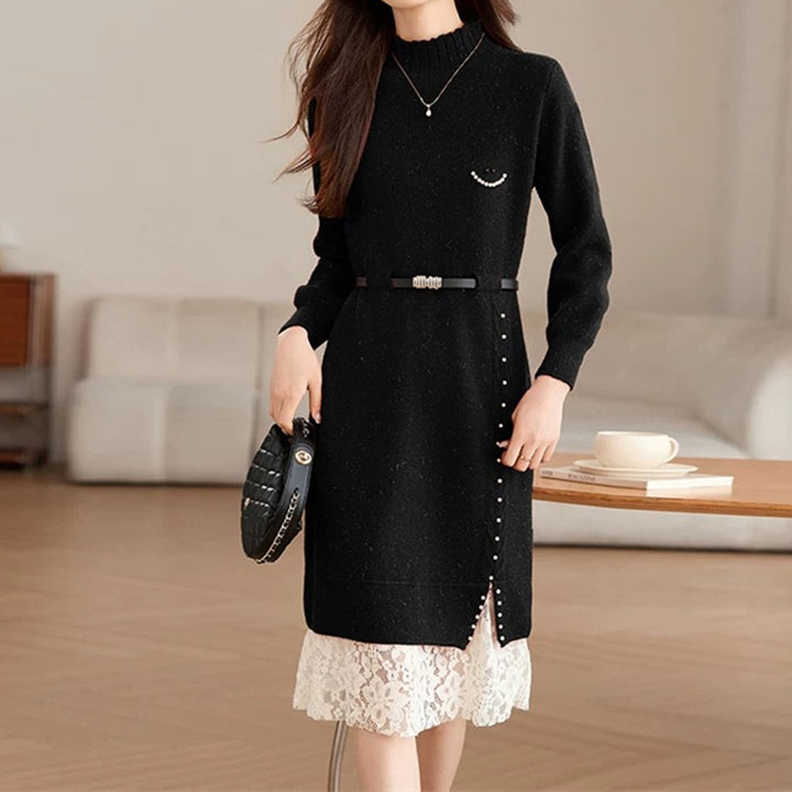 Damen Strickkleid mit elegantem Spitzensaum und taillierbarem Gürtel Drune