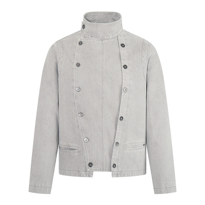 Herren asymmetrische Jeansjacke mit Stehkragen und zweireihiger Druckknopfleiste Drune