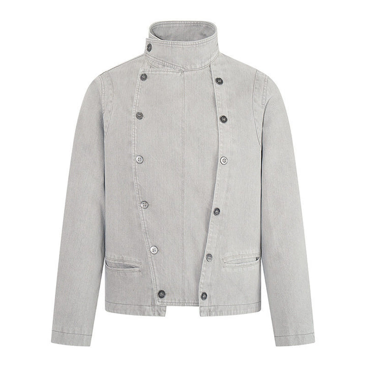 Herren asymmetrische Jeansjacke mit Stehkragen und zweireihiger Druckknopfleiste Drune