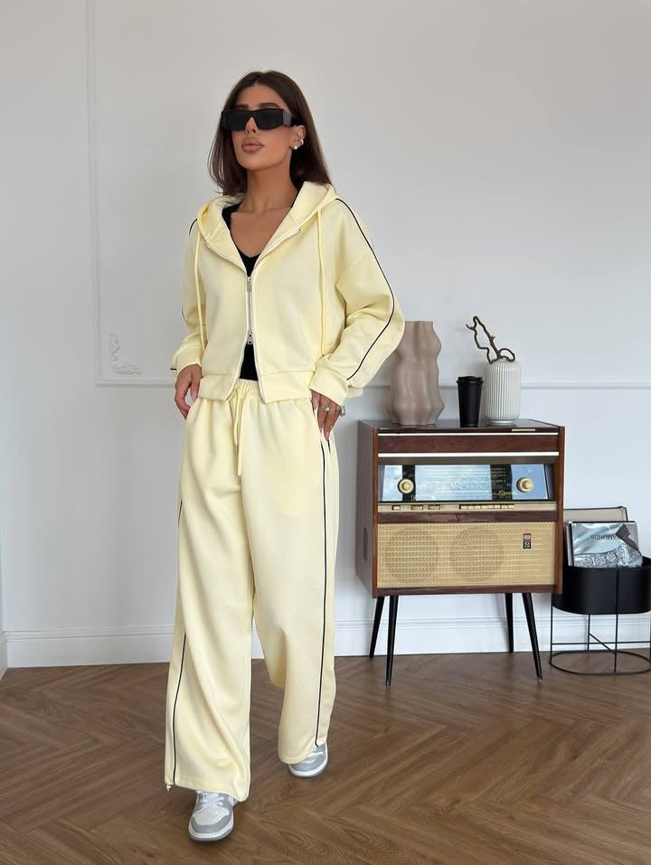 Damen Lässiges zweiteiliges Lounge-Set mit oversized Zipjacke und weitem Kordelzug-Hosenbund Drune