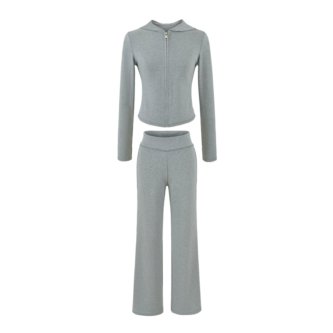 Damen Zweiteiliges Lounge-Set mit taillierter Reißverschluss-Kapuze und High‑Waist Bootcut‑Hose Drune
