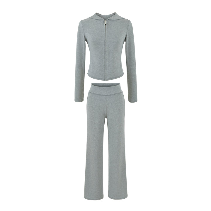 Damen Zweiteiliges Lounge-Set mit taillierter Reißverschluss-Kapuze und High‑Waist Bootcut‑Hose Drune