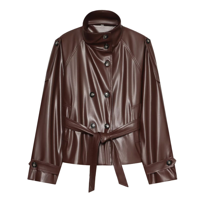Damen Kurzer Trench‑Blouson in Lederoptik mit Taillengürtel, hohem Stehkragen und doppelter Knopfleiste Drune
