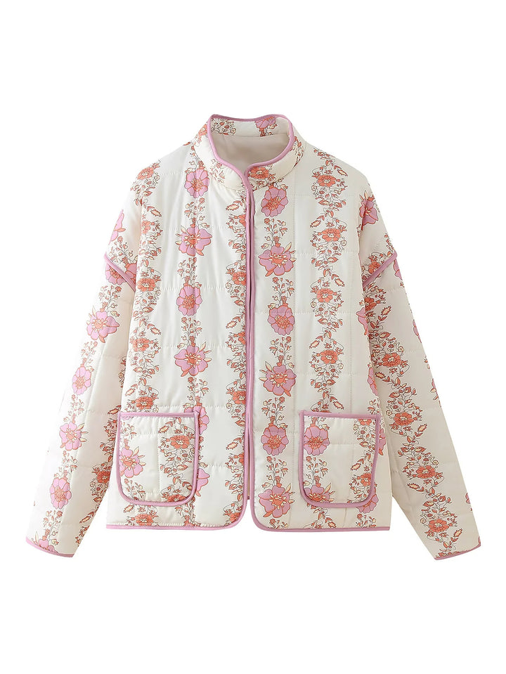 Damen nan gesteppte Blumenjacke mit Stehkragen Reißverschluss und aufgesetzten Taschen Drune