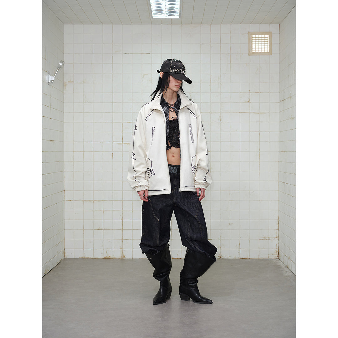 Unisex Oversize Fleecejacke mit Stehkragen und grafischem Skizzenprint Drune
