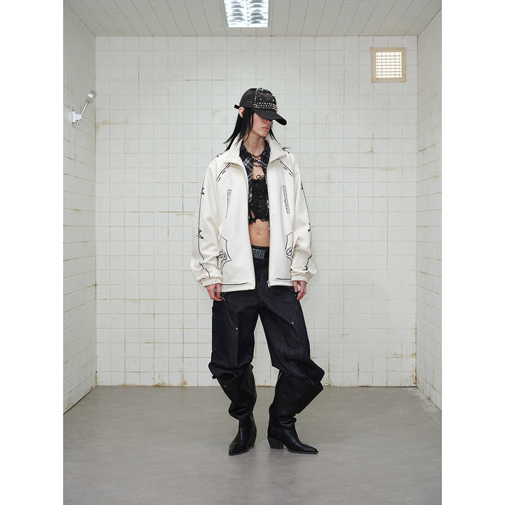 Unisex Oversize Fleecejacke mit Stehkragen und grafischem Skizzenprint Drune