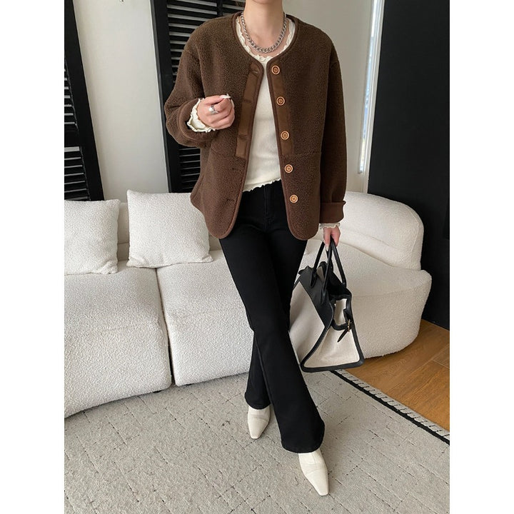 Damen kuschelige Fleecejacke mit Knopfleiste und praktischen Taschen Drune