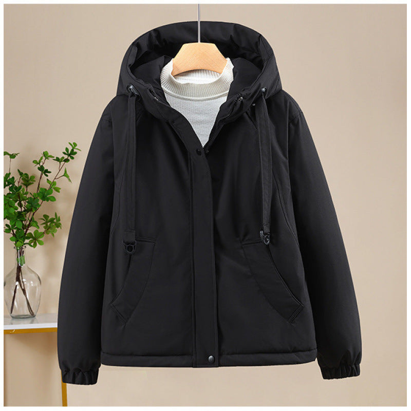 Damen Kurze Thermo-Kapuzenjacke mit Tunnelzug, Winddichter Außenhülle und elastischen Bündchen Drune