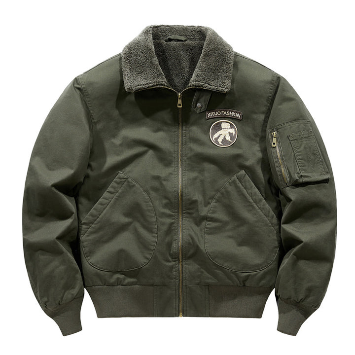 Men's  shearling-collar aviator bomber jacket with utility sleeve pocket Drune