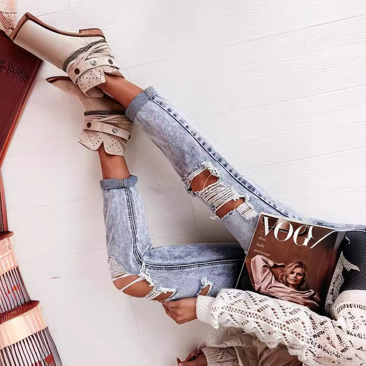 Damen Destroyed Boyfriend Jeans im lässigen Vintage-Stil mit hohem Bund Drune