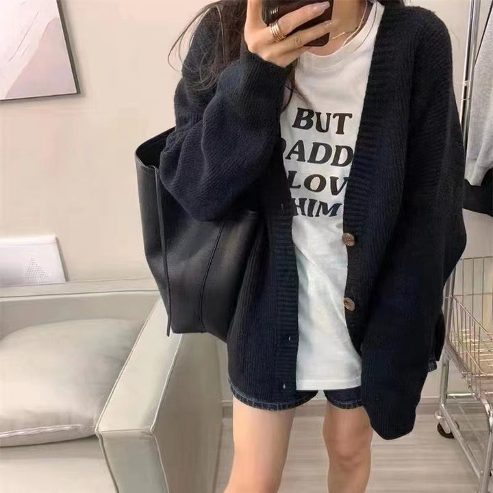 Damen kuschelige Strickjacke mit überschnittenen Schultern und Knopfdetails Drune