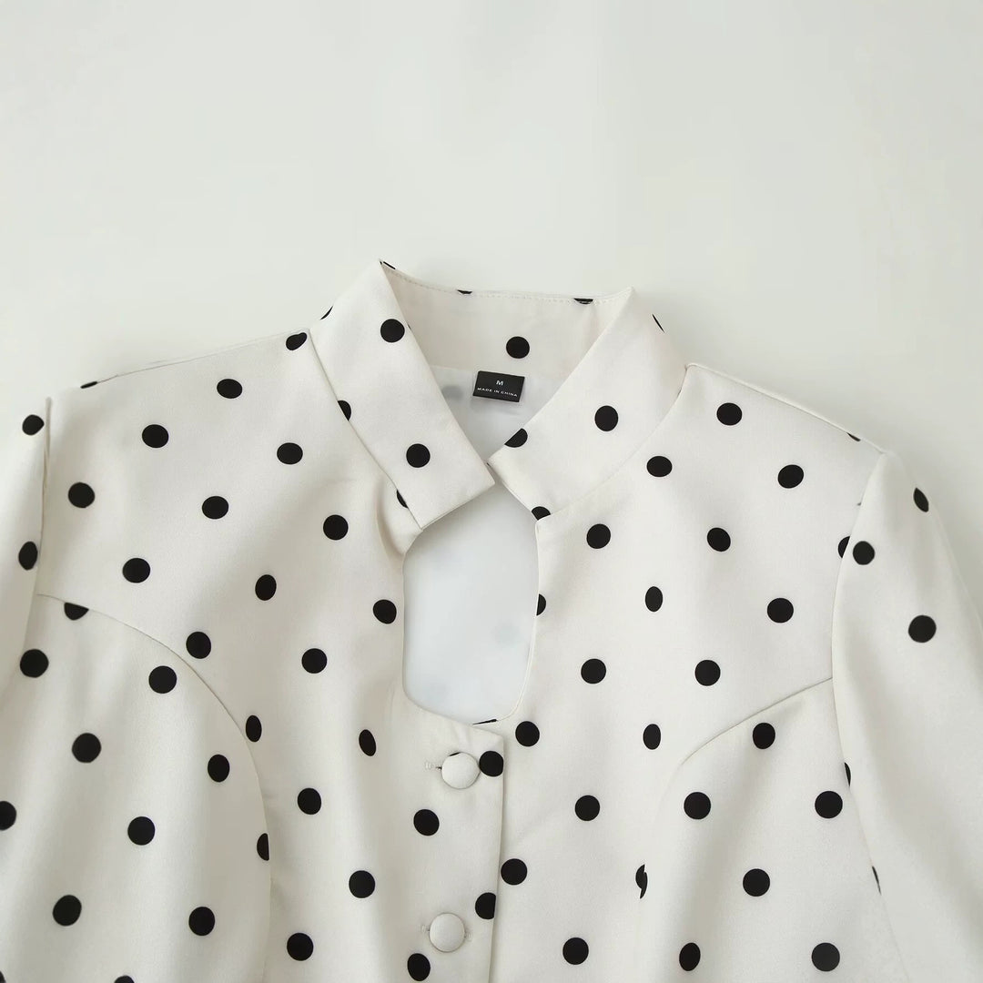 Damen Taillierte Polka‑Dot Bluse mit Stehkragen, Puffärmeln und Schößchen Drune