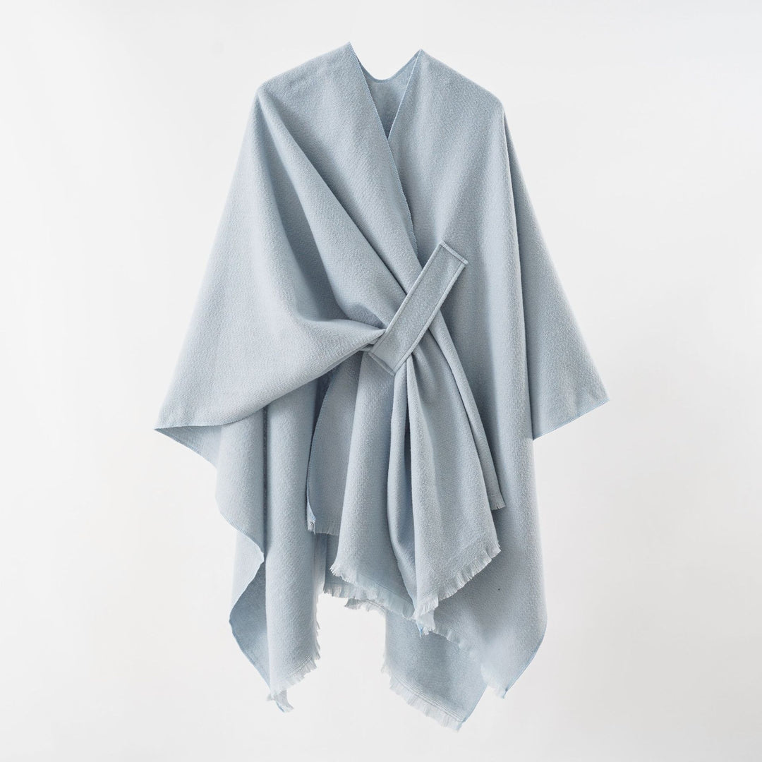 Damen Strickponcho mit geometrischem Blockmuster und Fransen Drune