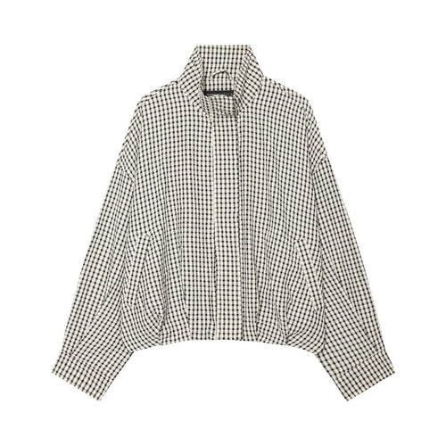Damen Oversized Karo‑Jacke mit Stehkragen und gerafftem Saum Drune